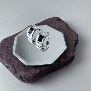 Vintage Sterling silver and inlaid black onyx half hoop pierced earrings